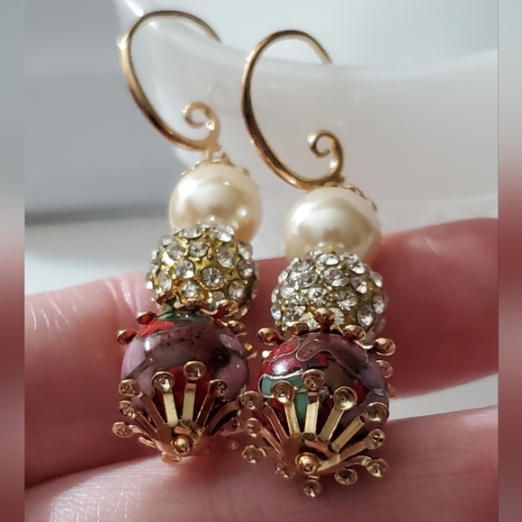 Antique Miriam Haskell Frank Hess cloisonne pave disco ball pearl earrings vtg - Picture 14 of 16